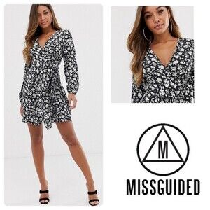 Missguided long sleeve black and white floral wrap dress size 10 NWT